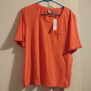 CHICO'S 100% Cotton Orange pocket T-shirt with fringes size 2